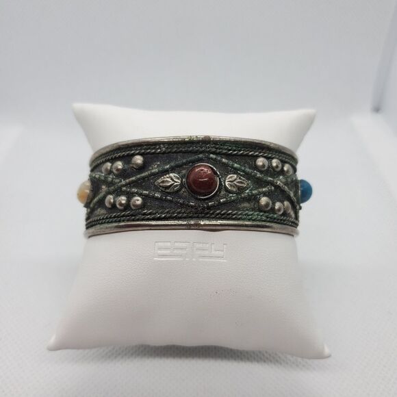 Vintage Jewelry - Vintage Silver Cuff Bracelet with Stones & Design